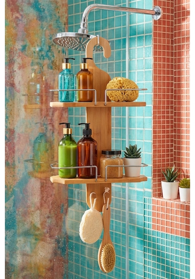 Makri Home Bambu Banyo Düzenleyici Organizer Banyo Köşeliği, Şampuanlık Bej