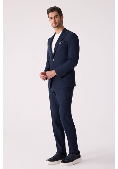 Erkek Lacivert Slim Fit Torba Cep Çizgili Jogger Pantolonlu Sivri