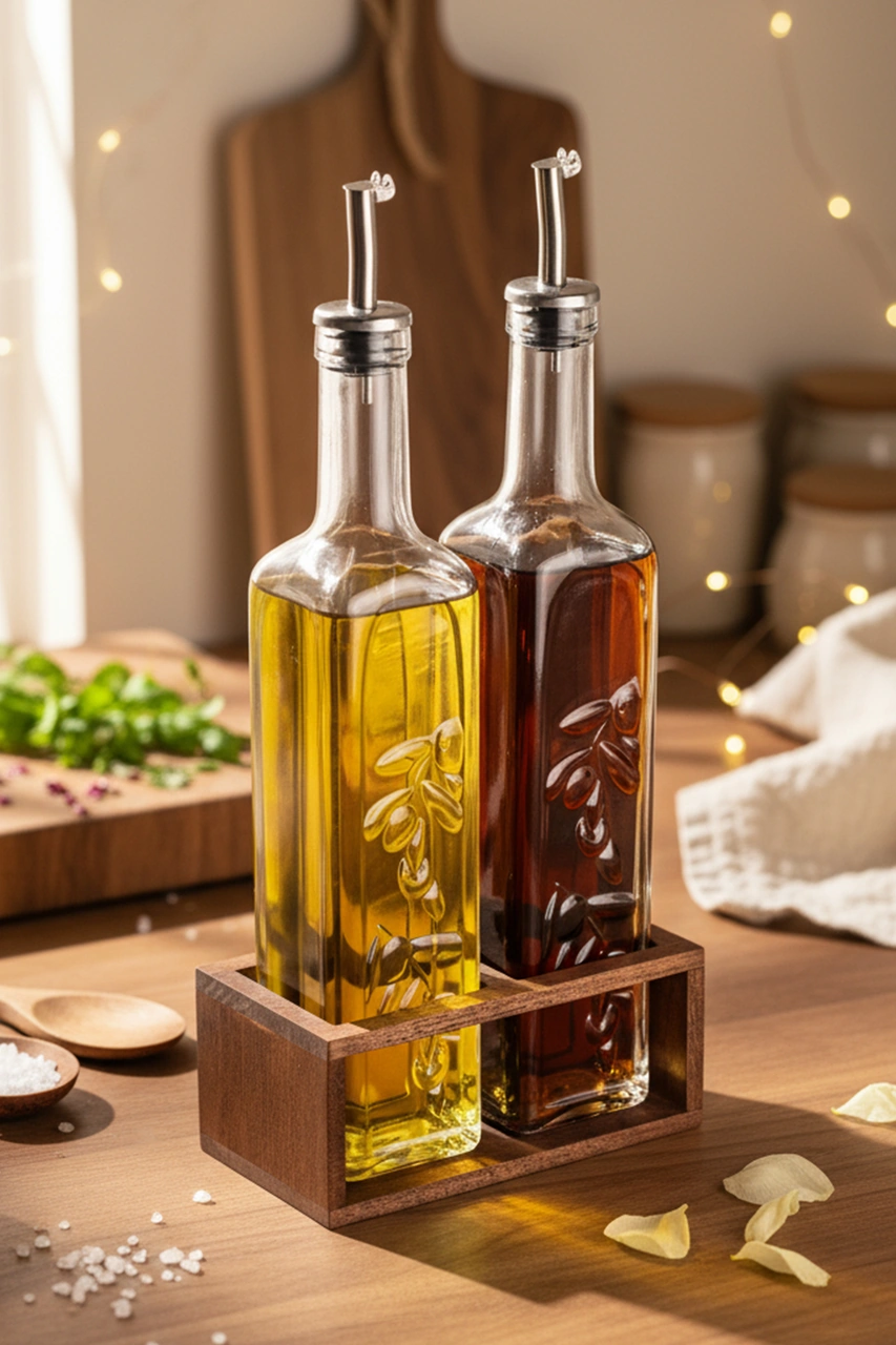 Snippy Olea - 2'li Ahşap Yüksek Standlı Cam Zeytinyağı Şişesi Yağlık Damlatmaz Yağlık Sirkelik 500ml Ahşap