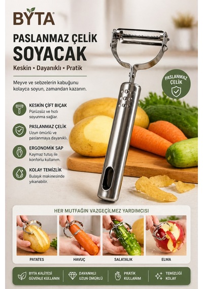 Paslanmaz Çelik Soyacak Keskin Çift Bıçaklı Profesyonel Sebze & Meyve Soyucu Gümüş
