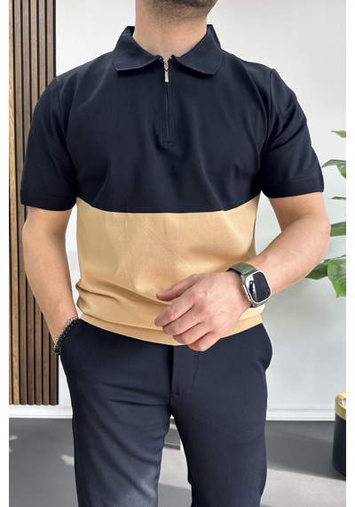 Erkek Renk Bloklu Polo Yaka Yarım Fermuarlı Tişört Lacivert Edw234 Lacivert