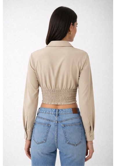 Trend Alisse Kadın Vucuda Oturan Vizon Beli Lastikli Korse Crop Gömlek VİZON