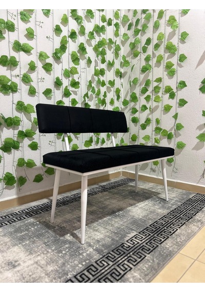 Özcan Metal Beyaz Metal Ayaklı Sırtlı Siyah Mutfak Salon Antre Yatak Odası Puf Bank Oturak Bench Siyah