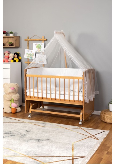 Ahşap Beşik Anne Yanı Beşik Vernikli 60x120 - Beyaz Güpür Uyku Seti + Yatak + Tekerlekli Ahşap Ahşap Beşik Anne Yanı Beşik Vernikli 60x120 - Beyaz Güpür Uyku Seti + Yatak + Tekerlekli Ahşap