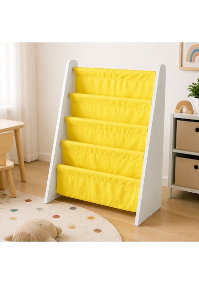 Çocuk Odası Bez Raflı Montessori Kitaplık - 4 Katlı 18mm Beyaz Mdf Ahşap Kitap Organizeri Sarı