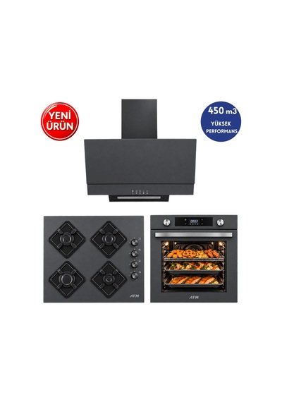 Alveus AFM Serisi Gc-1 Antrasit-Gri Cam Turbo Dijital 3'Lü Ankastre Set Fırın + Ocak + Davlumbaz