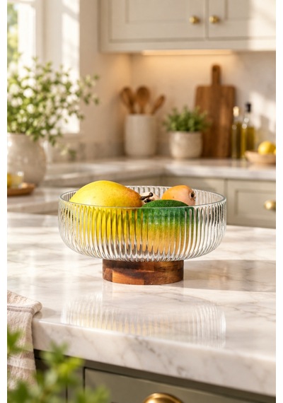 Akasya Standlı Cam Kase 20x10 Cm Ahşap Tabanlı Şeffaf Meyve, Salata Ve Sunum Kasesi Şeffaf - 920987470 Şeffaf