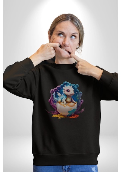 Sevimli Bebek Ejderha Elmas Yumurta Unisex Siyah Baskılı Sweatshirt Siyah