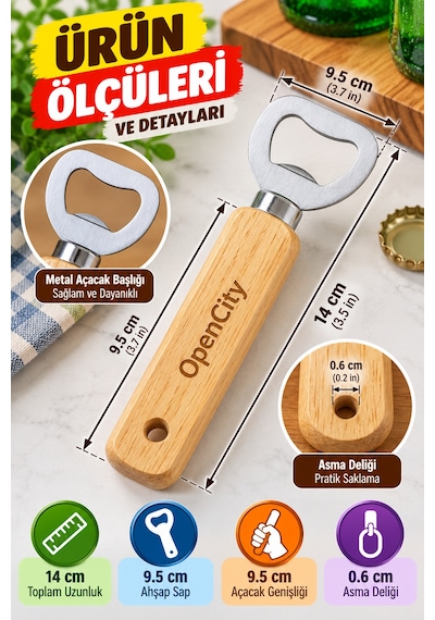 Bambu Saplı Metal Şişe Açacağı Gazoz Soda Meşrubat Kapak Açacak Ergonomik Mutfak Aparatı 14 Cm
