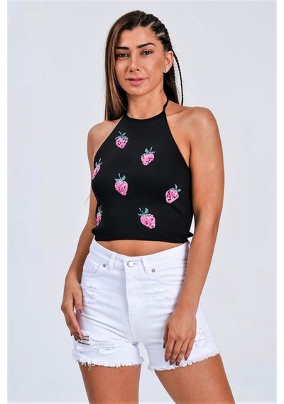 Genel Siyah Çilek Kabartma Baskı Boyundan Bağlamalı Crop Örme Bluz