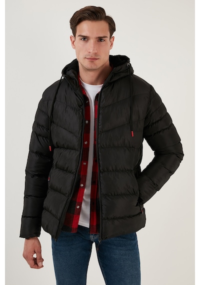 Buratti Peluş Astarlı Kapüşonlu Fermuarlı Slim Fit Şişme Erkek Mont 5762010 Siyah
