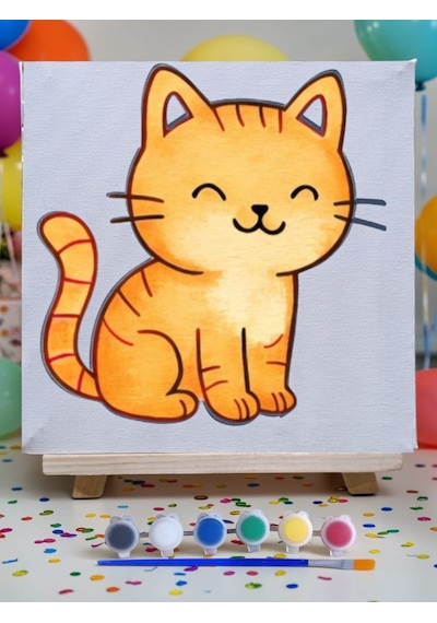 Çocuklar İçin Tuval Boyama Seti Kedi Mod2 19x19 Cm Tuval, Şövale, Fırça Ve 6 Renk Akrilik Boya Seti