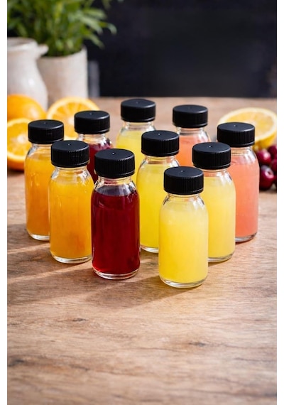 Tanemce 10 Adet 60 Ml Kilitli Siyah Kapaklı Şeffaf Detox Shot Şişesi 60 Cc Ginger Şat Beyaz Cam Şişe Genel