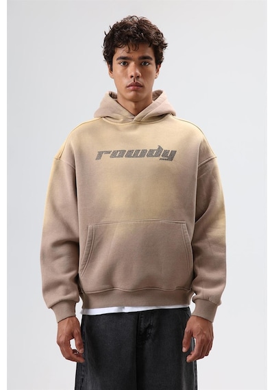 Vamos Oversize Baskılı Yıkamalı Hoodie Vizon