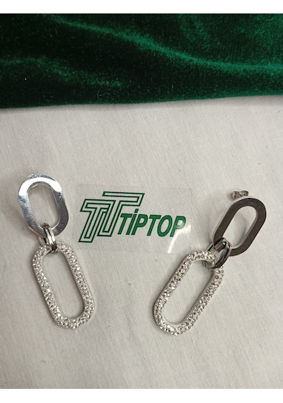 Tiptop/ / Gümüş Renk Zirkon Taşlı Sallantılı Model Çelik Küpe Gümüş