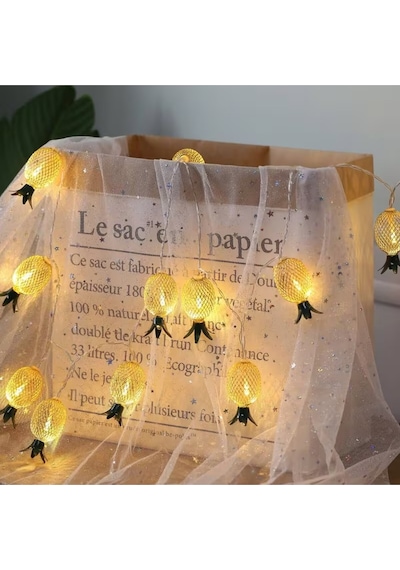 Metal Ananas Figürlü 10lu Led Işık Zinciri, Dekoratif Ev, Parti, Yılbaşı Ve Oda Süsleme Aydınlatma Sarı