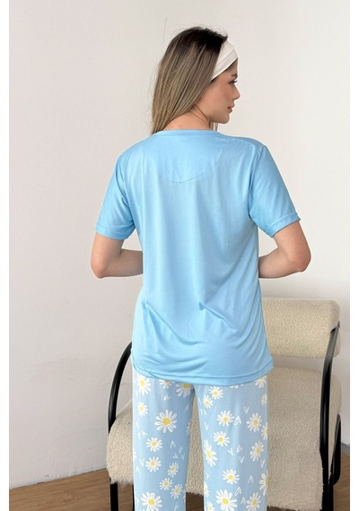 Giysa Kadın Bisiklet Yaka Desenli Kısa Kollu Pijama Takımı Mavi - 26y 2601