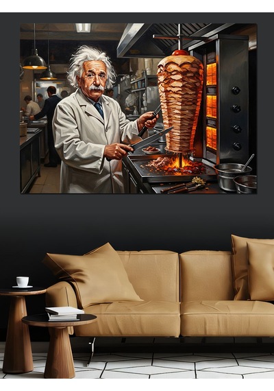 Döner Ustası Einstein Portresi Dekoratif Kanvas - Mdf Ahşap Tablo