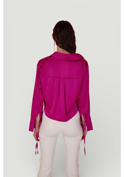 Holly Lolly Özel Dokulu Saten Crop Silky Gömlek Pembe
