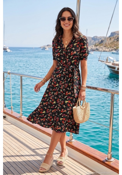 Lela Desenli Regular Fit Yırtmaçlı Midi Boy Kemerli Gömlek Bayan Elbise 6782106 Siyah