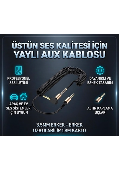 1.8 Mt Aux Ses Kablosu 3.5mm L Tipi Metal Yaylı Dayanıklı Kablo Araba Aux Kablo Esnek & Dayanıklı Ses Kablosu 1.8 M