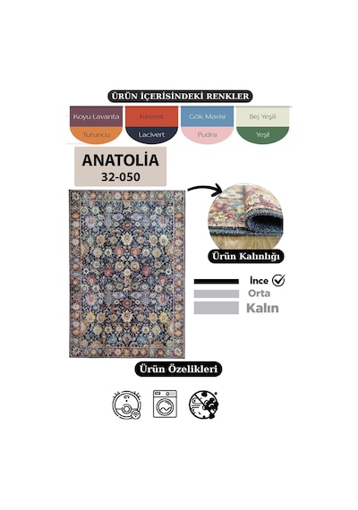 Çam Halı Anatolia 32-050 Etnik Eskitme Desenli Dokuma Tabanlı Yıkanabilir Şönil Salon Ve Oda Halısı Multi 23