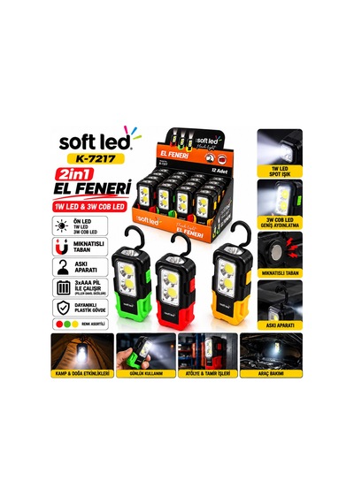12 Adet 2ın1 Softled El Feneri 3xaaa Pilli Mıknatıslı Asma Aparatı 1w Led - 3w Cop Led K-7217 4801