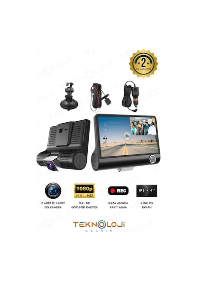 Tr Lcd Ekranlı 170 Geniş Açı 1080p İçi Kamera Gece Görüşlü 3 Kameralı G-sensör İle Uyumlu Yol Kayıt