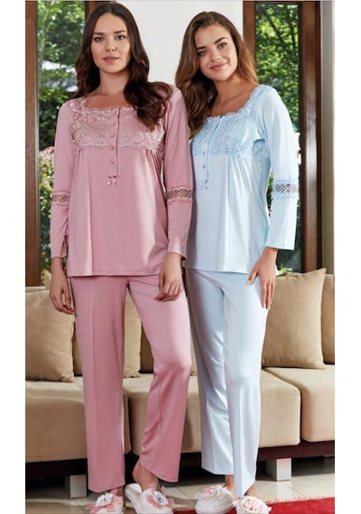 Bone Club 4636 Turkuaz Omuz Dantelli Hamile Lohusa Pijama Takımı