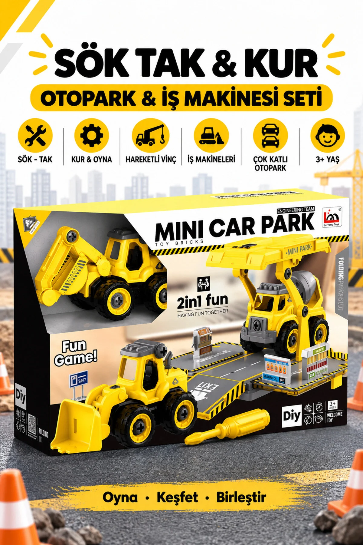 Metito Toys Sök-tak Otopark Seti, 70+ Parça, 2 Araç + 1 Otopark, Kancalı İş Makinesi Ve Vinçli, 3+ Yaş Hardal Sarısı