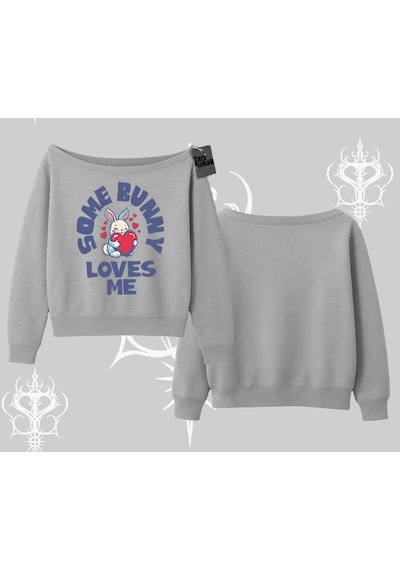 Startmore Kayık Yaka Sweatshirt Sevimli Tavşan Some Bunny Loves Me Baskılı Gri