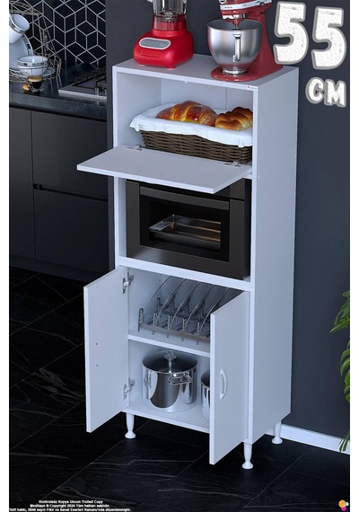 Rona 55 Cm Çok Amaçlı Mutfak Kiler Dolabı Raflı Mikrodalga Fırın Standı Banyo Dolabı 55x150x32 Cm Beyaz