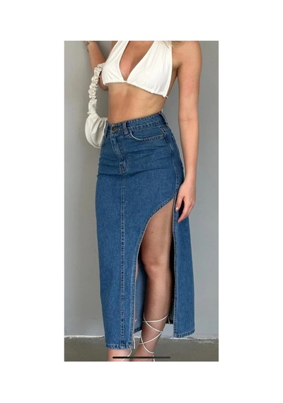 Kene Jeans Yüksek Bel Uzun Ön Parçalı Asimetrik Kot Etek Mavi