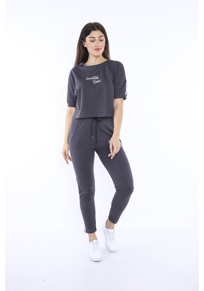 Kadın-alt-üst T-shirt Takım, Rahat Kesim-3827 - S Füme