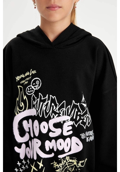 DeFacto Kız Çocuk Siyah Oversize Geniş Kalıp Kapüşonlu Baskılı Sweatshirt D0614A824AUBK81 Siyah