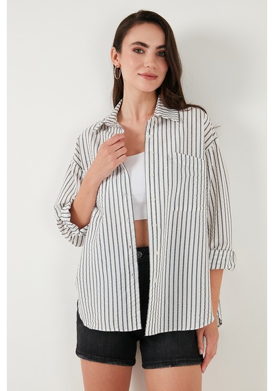 Lela Regular Fit Uzun Kollu Çizgili Bayan Gömlek 6772875 Siyah