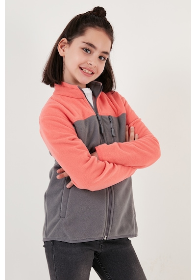 Lela Yumuşak Dokulu Fermuarlı Renk Bloklu Dik Yaka Cepli Hırka Unisex Çocuk Polar 5905001 Somon-Gri