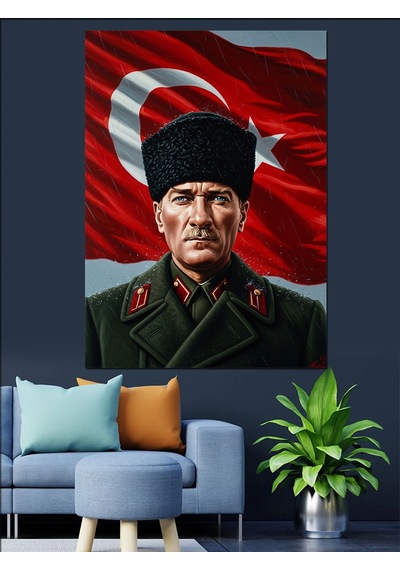 Türk Bayraklı Atatürk Portresi Dekoratif Kanvas - Mdf Ahşap Tablo