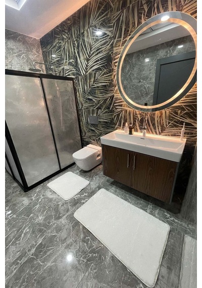 2'li Yıkanabilir Kaymaz Taban Post Beyaz Banyo Halısı Peluş Halı Klozet Takımı Beyaz