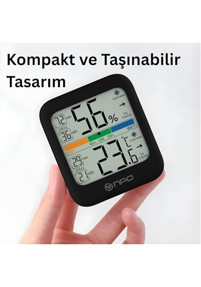 Npt33a Dijital İç Mekan Termometresi Ve Nem Ölçer, Geniş Ekranlı, Konfor Göstergeli Siyah