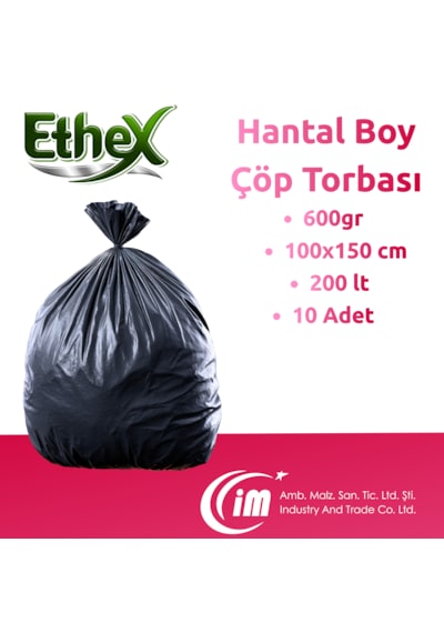 Endüstriyel Hantal Boy Çöp Torbası/poşeti - 10 Adet, 600gr, 100 X 150 Cm, 200lt, Siyah, 5 Rulo