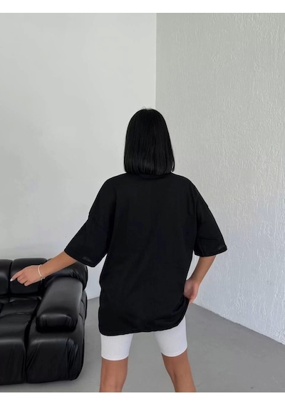 Unisex Bisiklet Yaka Baskılı Oversize T-shirt - Beyaz Siyah