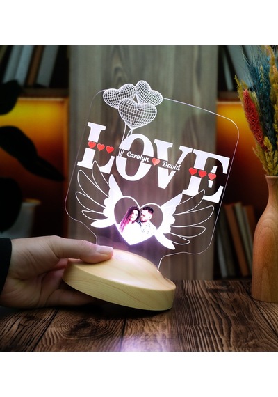 Love Yazılı Lamba, Sevgililer Günü Hediyesi Kanatlı Kalp Fotoğraflı Kişiye Özel Led Lamba, Sevgiliye - Eşe Romantik Hediye