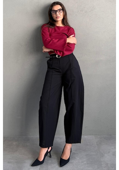 Madmext Siyah Modern Kesim Kemerli Yüksek Bel Bol Paça Kumaş Pantolon Mg2618 siyah