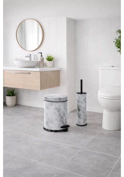Beyaz Mermer Desenli 2'li Banyo Seti - Metal Çöp Kovası 3 Lt Ve Wc Fırçası Takımı Beyaz