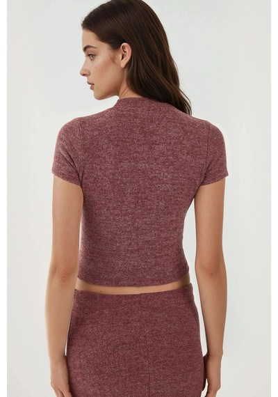 Hiccup Slim Fit Triko Crop Bluz Bordo Kırmızı