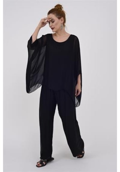 Bohem Stil İtalyan Yarasa Kol İpek Bluz & Pantolon Takım-8767 K.siyah Siyah