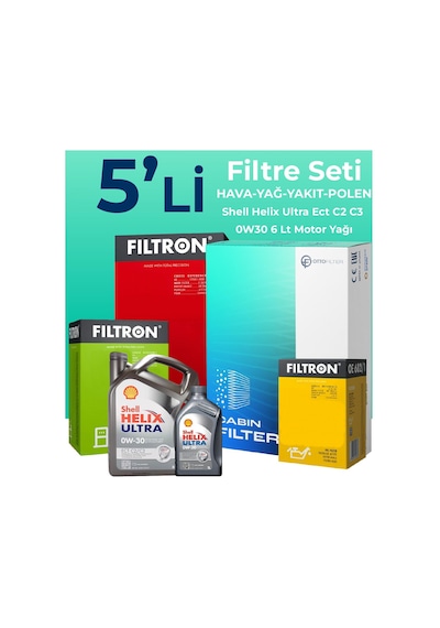 Filtron Ford Connect 1.5 Dizel Filtre Bakım Seti Shell Motor Yağlı (2013-2019) 5 Li