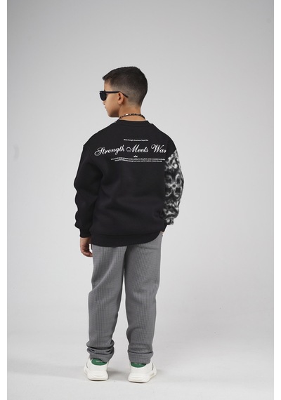 King-Brich Kingbrich Kids Bisiklet Yaka Kolu Garnili Baskılı Çocuk Sweatshirt SIYAH