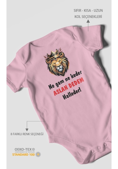 Ne Gam Ne Keder Aslan Dedem Halleder Baskılı Bebek Zıbını Çıtçıtlı Body %100 Pamuk Kısa Kol Koyu Pembe
